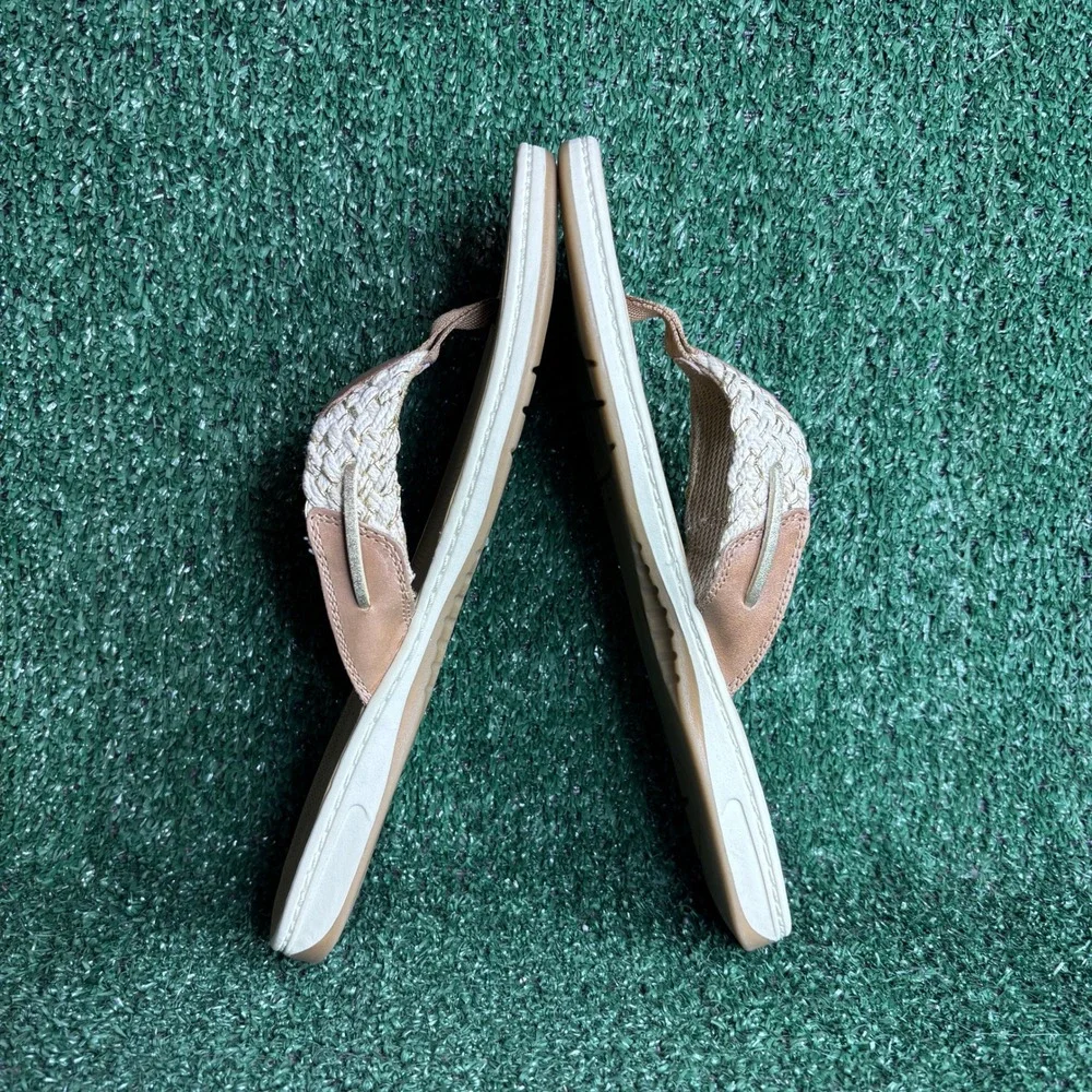 NEW Sperry‎ Parrotfish Braided Thong Leather Beach Flip Flop Tan Gold Womens 9 M